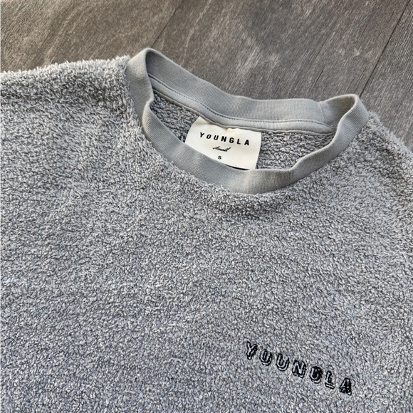 YoungLA Embroidered Soft Fuzzy Chenille Gray Crew Neck Sweater - Picture 2 of 4